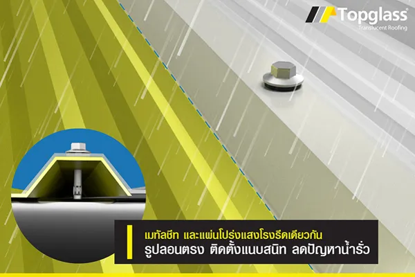รูปลอนตรงกันแนบสนิท เมื่อมาจากโรงรีดเดียวกัน รูปลอนของ แผ่นเมทัลชีท และ แผ่นโปร่งแสง จะมีรูปลอนตรงกัน และแนบสนิทแก้ปัญหาน้ำรั่ว