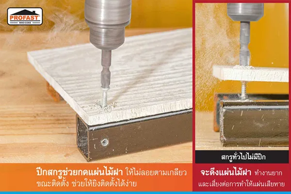 ปีกของ สกรูไม้ฝา ช่วยกดแผ่นไม้ฝา ช่วยให้ยิงติดตั้งได้ง่าย