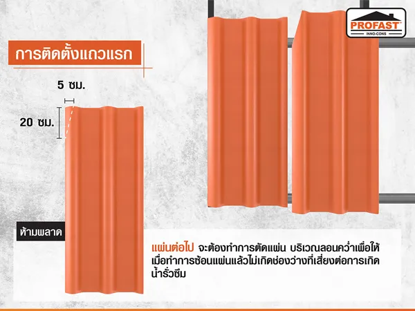 ติดตั้ง หลังคาลอนคู่ : ตัดบริเวณลอนคว่ำของแผ่นต่อไปเพื่อให้สามารถซ้อนกันได้