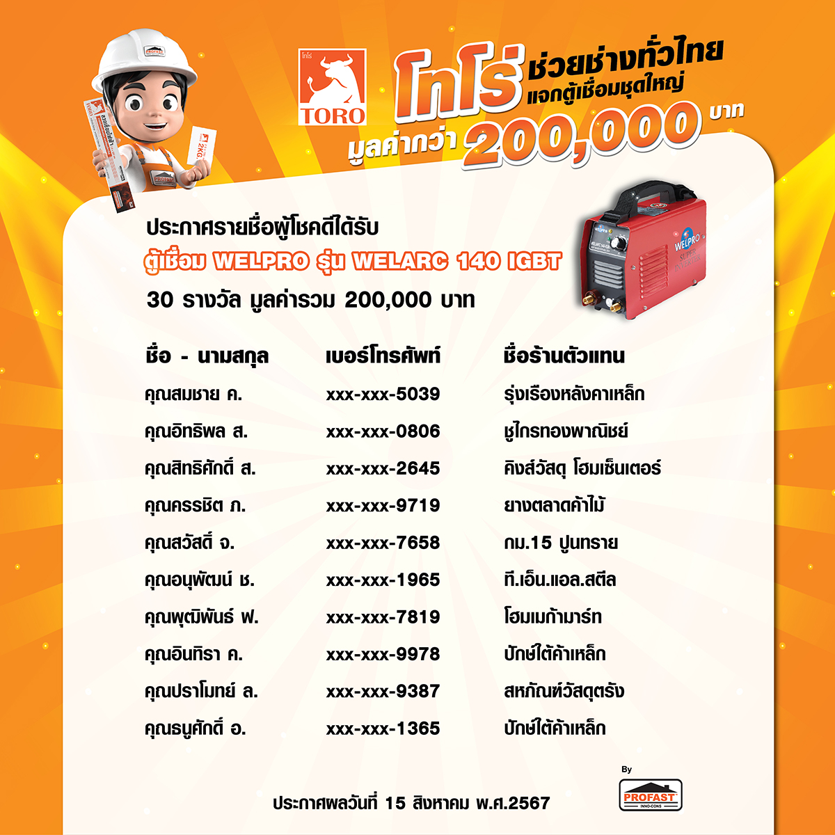 ประกาศผู้โชคดี ตู้เชื่อม ประกาศรายชื่อผู้โชคดี ที่เข้าร่วมกิจกรรม ลวดเชื่อม โทโร่