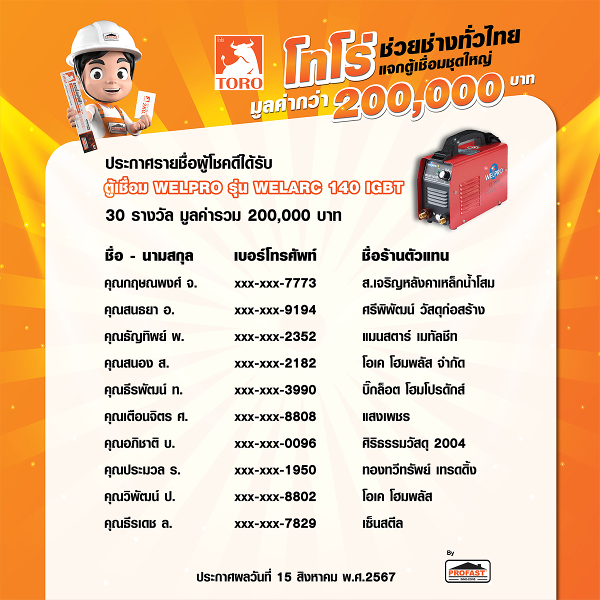 ประกาศผู้โชคดี ตู้เชื่อม ประกาศรายชื่อผู้โชคดี ที่เข้าร่วมกิจกรรม ลวดเชื่อม โทโร่