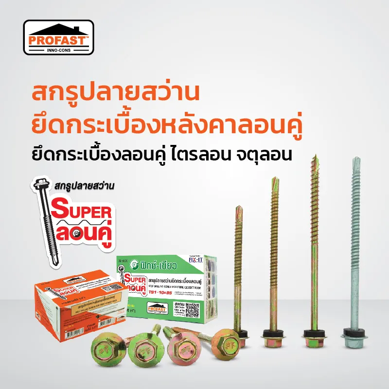 สกรูยึดหลังคาลอนคู่ ปีกสกรูกว้าง ชุบรุ้ง กันสนิม