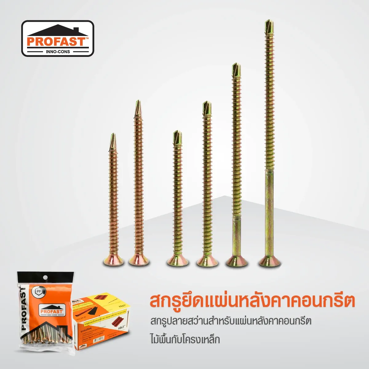 สกรูยึดแผ่นหลังคาคอนกรีตสำหรับติดตั้งไม้ฝา ไม้เชิงชาย ไม้รั้ว ไม้พื้น กับโครงเหล็กหนา 1.5 -3.2 มม.