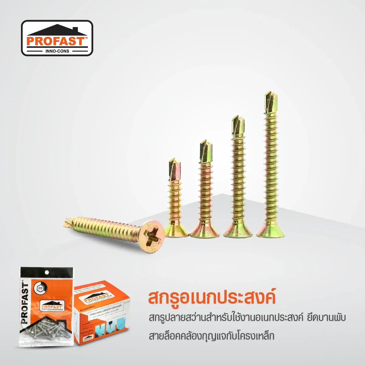 สกรูปลายสว่านอเนกประสงค์ สำหรับติดตั้งไม้ฝา ไม้เชิงชาย ไม้รั้ว ไม้พื้น กับโครงเหล็กหนา 1.5 -3.2 มม.